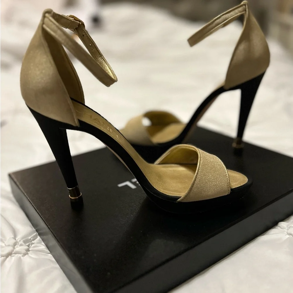 Chanel gold & black ankle strap heels -39 (US 8.5-9)